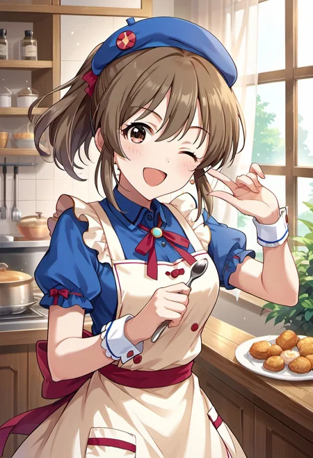 score_9, score_8_up, score_7_up, source_anime,hori yuuko, brown hair, ponytail, brown eyes, 1girl, one eye closed, solo, hat, smile, open mouth, looking at viewer, dress, wrist cuffs, beret, short sleeves, apron