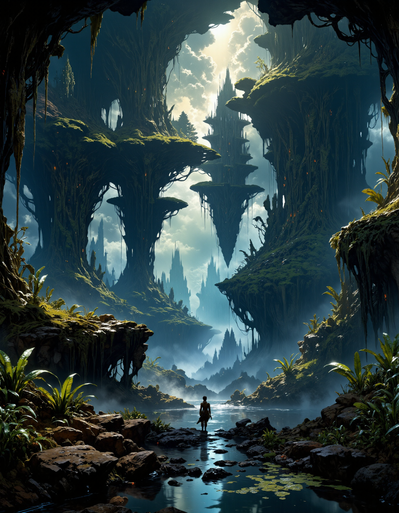 hyper realistic and highly detailed, highly dynamic cinematic panorama view, entering the exotic jungle and majestic garden of Eden, digital artwork, illustrative, painterly, matte painting, highly detailed,  atmospheric haze, panoramic zoomed out view, highly dramatic lighting, MythP0rt
<lora:FredFraiStyle-FLUX-Share:0.5>  <lora:FluxMythP0rtr4itStyle:0.7> <lora:dark_fantasy_flux:0.9>  <lora:artilands:0.8>