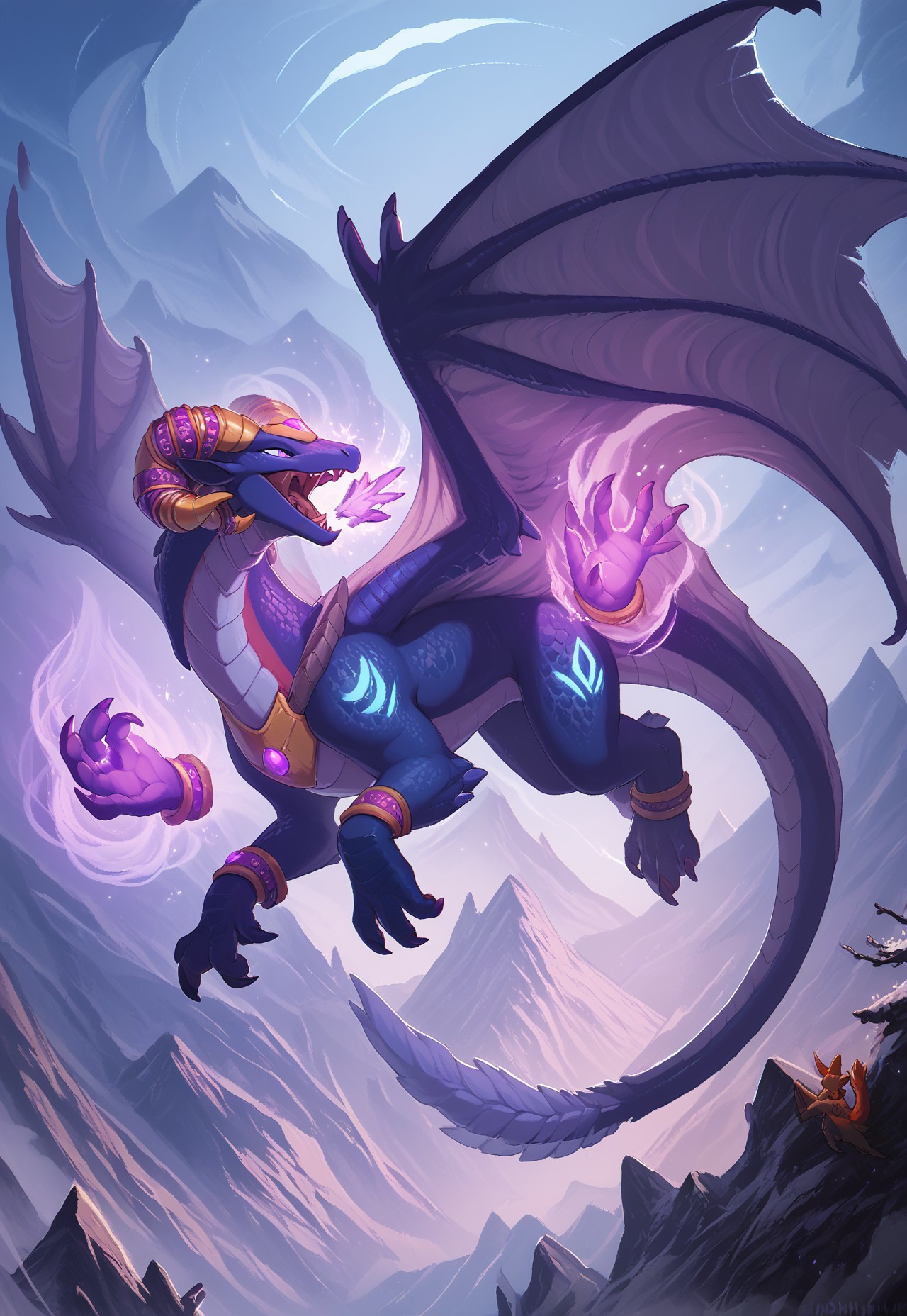 (score_9, score_8_up, score_7_up, score_6_up), 
by hioshiru, dragon, 1 girl, tarecgosa, scales, horns, claws, wings, tail, feral, in the air, flying, wings spread, arkane_dark, magic, flies towards the viewer, mouth open, magic, magic breath, purple fog, follet magic, magic sparks, 
 (beautiful background, mountains, at a height)