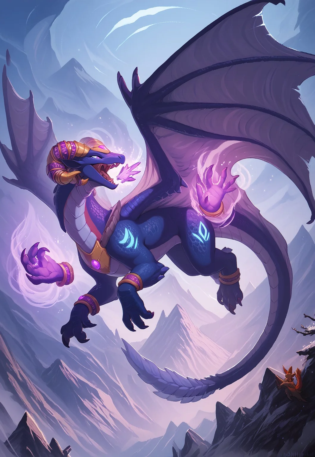 (score_9, score_8_up, score_7_up, score_6_up),
by hioshiru, dragon, 1 girl, tarecgosa, scales, horns, claws, wings, tail, feral, in the air, flying, wings spread, arkane_dark, magic, flies towards the viewer, mouth open, magic, magic breath, purple fog, follet magic, magic sparks,
(beautiful background, mountains, at a height)