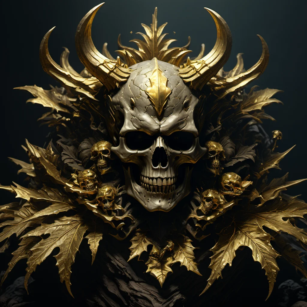 ((best quality)), ((masterpiece)), ((realistic,digital art)), (hyper detailed),DonMH311XL, demon,skull, Ample Gold Stolon-spreading Mat-forming plant, Prickly Texture Ascendant Woody Stem, Fibrous, Pinnately-compound Curled leaf, Transverse Venation, Opposite, Sinuate Leaf Margin, Bracteolate, Tufted, , dark, darkness, stygical, eerie, gloomy, octane rendering, raytracing, volumetric lighting, Backlit,Rim Lighting, 8K, HDR, <lora:HellAI_XL-000011:0.8>
