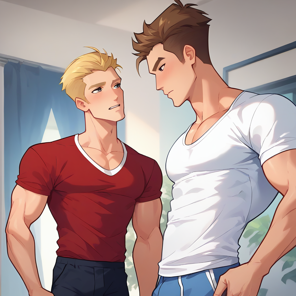 score_9, score_8_up, score_7_up, anime, 2men, couple, w1nx_m6le9,  from waist up, t-shirt, shorts, indoors, red shirt, tanktop, standing  next to eachother, blonde hair, brown hair,
<lora:Winxm_pxl_0.1:0.9>
<lora:Smooth Anime 2 Style SDXL_LoRA_Pony Diffusion V6 XL:1>