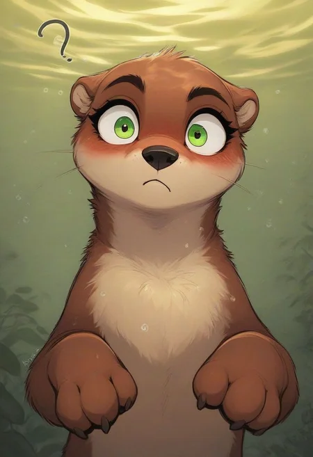 score_9, score_8_up, score_8, solo, fluffy, (feral), outdoors, furry, (((otter))), (female:1.5), green eyes, chest, claws, (wet fur), in the style of beatrix potter, (surprised),(confused expression:2), underwater, (looking at viewer:1.2), swimming, head tilt, blush