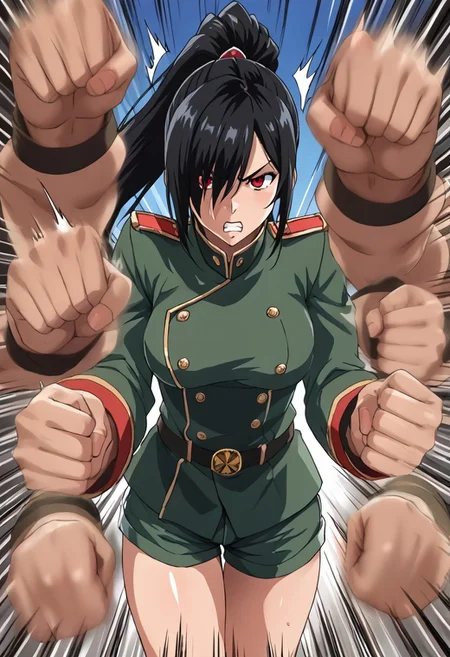 1girl, solo, black hair, hair over one eye, red eyes, long hair, high  ponytail, medium breasts, tatenokai567, military uniform, military shorts,  normal quality, staring, looking at viewer, front view,  outdoors, ultra detailed, rushpunch, punching,multiple hands,fists,clenched fists,(motion_blur:1.2),(motion line:1.1),speed_lines,