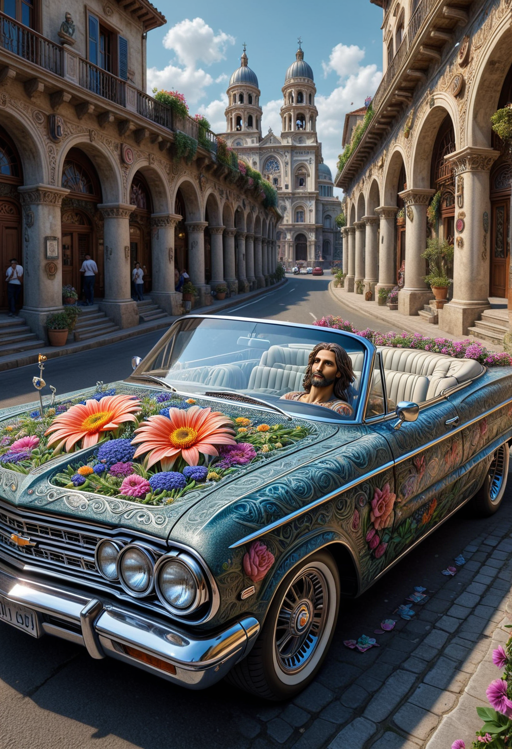 whimsical, renaissance-era, jesus-christ:1.6 driving a convertible 1964 chevrolet impala, jesus in a low-rider, israeli architecture, lush, exotic flowers, hyperrealistic, hypermaximalist, cinemescope, dynamic lighting, <lora:detailed_notrigger:0.777> <lora:DetailedEyes_V3:0.777> <lora:luxart:0.666> (charcoal, ink)
<lora:dvr-cl-dvsn:0.555> dvr-cl-dvsn