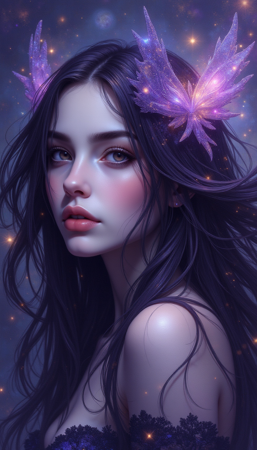 A high-quality digital artwork in the style of pinkdarkcanvas,
An ethereal figure with flowing galaxy hair, each strand shimmering with constellations, in a palette of deep purples, blues, and touches of gold. Her expression is serene, her eyes a gateway to the cosmos. Textured with molecular patterns and gemstone-like accents, with volumetric lighting to emphasize her radiant beauty. Inspired by Dan Mumford's intricate designs and Vanessa Barragao's surreal elements.