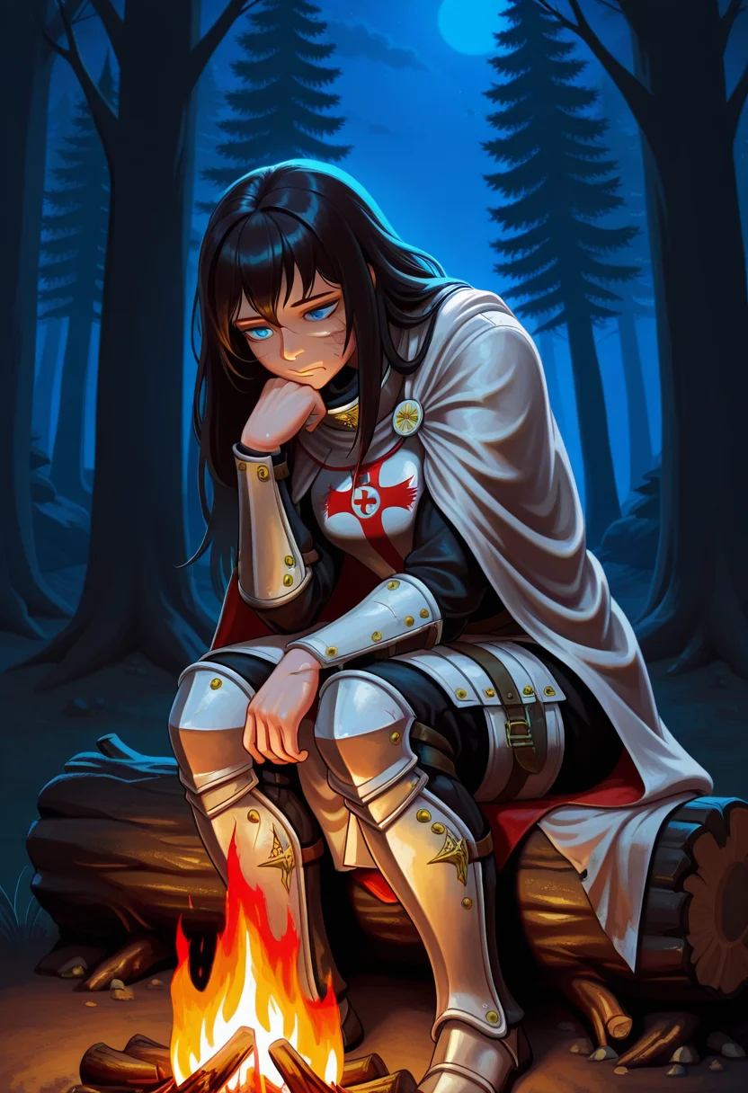masterpiece, high quality, th1nk3r, 1girl, solo, cowboy shot, sitting, head rest, leaning forward, night, (dark:1.4), forest, tree log, campfire, armor, long hair, black hair, scars on face, cloak, templar, fire light, blue eyes,
