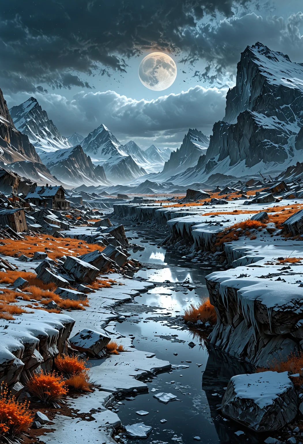 Frozen moon, A hauntingly serene, digitally painted illustration of a post-apocalyptic, ice-encrusted planet Earth, devoid of any signs of life, with a thick layer of frost and snow covering the once-lush landscapes, and eerie, dark grey clouds shrouding the horizon, casting an ominous, orange-tinged glow on the desolate, barren terrain, with the faint, foggy outlines of frozen mountains and glaciers in the distance, and the remnants of crumbling, snow-covered cityscapes in the foreground, with jagged, icy peaks and frosty, abandoned streets, roads, and buildings, all bathed in a cold, melancholic, blue-grey light, evoking a sense of loneliness and abandonment, as if the planet has been frozen in time.
<lora:EpicF4nta5yXL:0.8>
<lora:add-detail-xl:1>
<lora:WildcardX-XL-Detail-Enhancer:1>
<lora:MJ52:0.375>
<lora:CinematicStyle_v1:0.42>