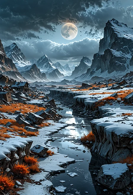 Frozen moon, A hauntingly serene, digitally painted illustration of a post-apocalyptic, ice-encrusted planet Earth, devoid of any signs of life, with a thick layer of frost and snow covering the once-lush landscapes, and eerie, dark grey clouds shrouding the horizon, casting an ominous, orange-tinged glow on the desolate, barren terrain, with the faint, foggy outlines of frozen mountains and glaciers in the distance, and the remnants of crumbling, snow-covered cityscapes in the foreground, with jagged, icy peaks and frosty, abandoned streets, roads, and buildings, all bathed in a cold, melancholic, blue-grey light, evoking a sense of loneliness and abandonment, as if the planet has been frozen in time.
<lora:EpicF4nta5yXL:0.8>
<lora:add-detail-xl:1>
<lora:WildcardX-XL-Detail-Enhancer:1>
<lora:MJ52:0.375>
<lora:CinematicStyle_v1:0.42>