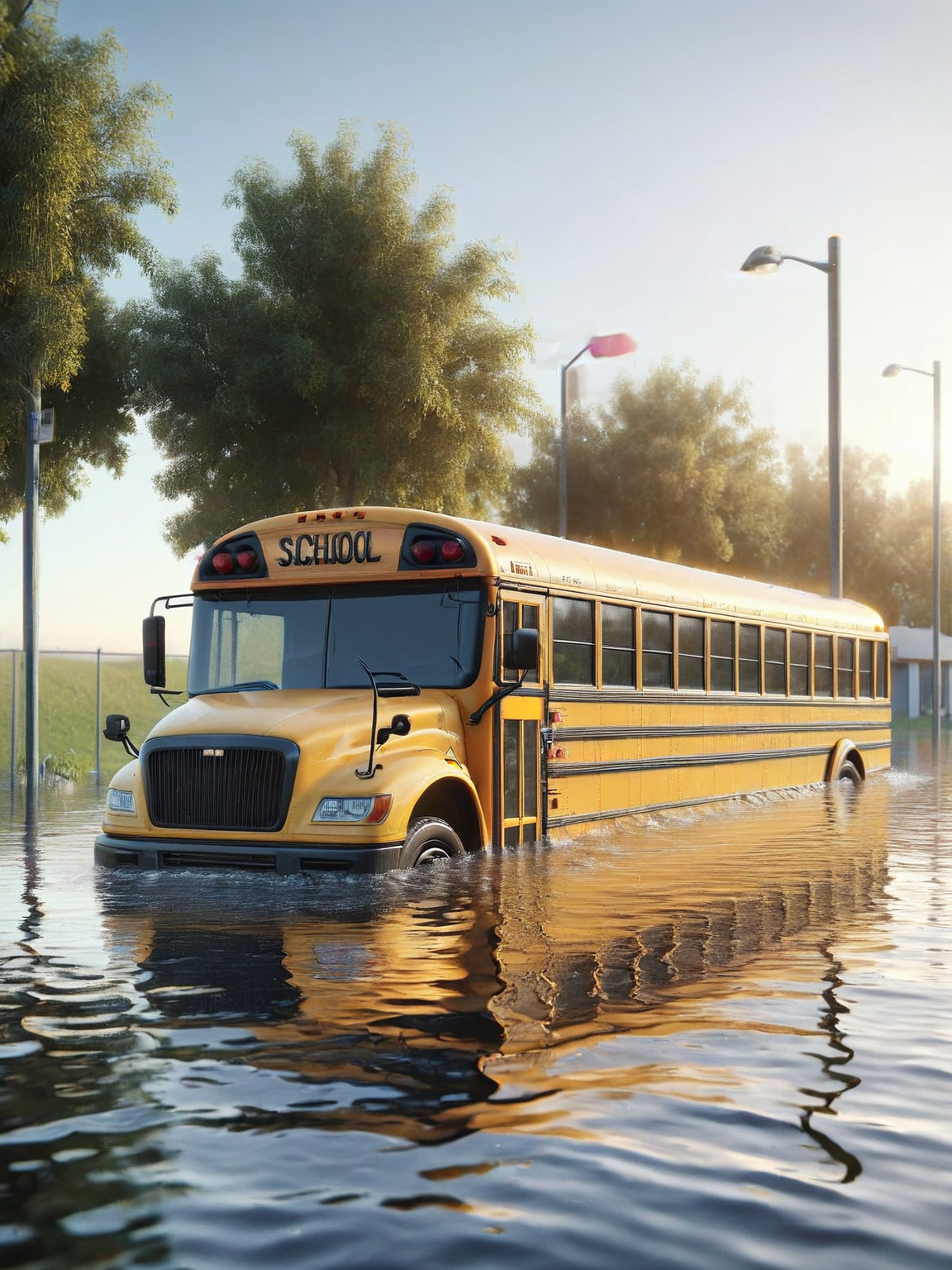 ais-fld school bus, waiting at the bus stop <lora:Flooded_SDXL:1>