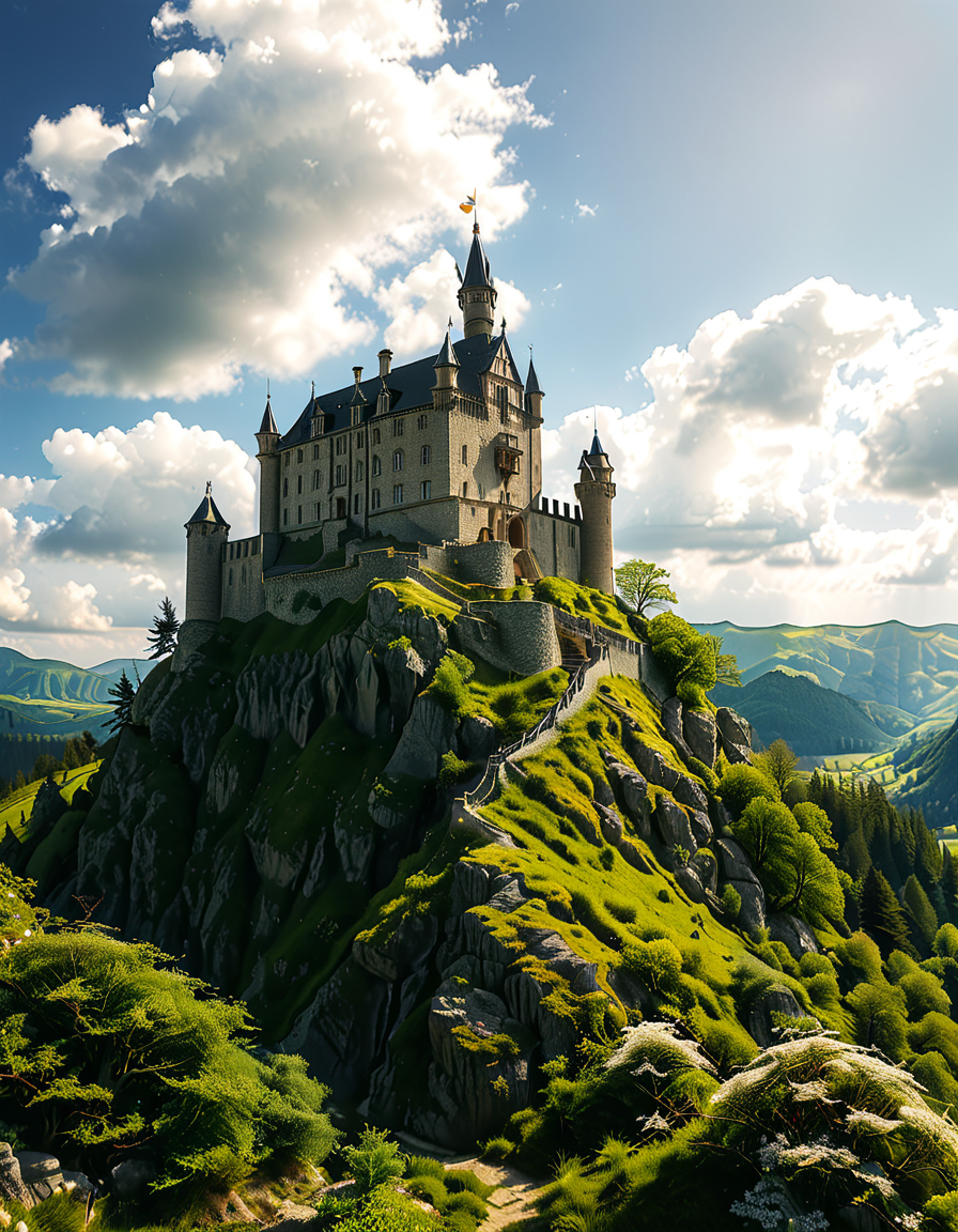 A realistic photograph of a grand medieval castle,medieval c4stl3, perched atop a rugged hill, surrounded by a scenic landscape. The castle is constructed from weathered gray stone, with tall, imposing towers, battlements, and a fortified wall encircling its perimeter. A large central keep rises above the other structures, its windows narrow and arched, evoking a sense of strength and history.
The hill is covered in patches of green grass and rocky outcrops, with a winding dirt path leading up to the castle gates. In the foreground, the surrounding countryside stretches out, dotted with small trees and wildflowers, while in the distance, rolling hills and a faint mist add depth and atmosphere to the scene. The sky above is partly cloudy, with rays of sunlight breaking through, casting dramatic shadows on the castle and hill.
The overall mood is majestic and timeless, capturing the grandeur and mystery of medieval architecture in harmony with its natural surroundings.<lora:SDXLFaeTastic2400:0.4> <lora:extremely_detailed:0.4> extremely detailed, <lora:medieval_c4stl3:1>, Masterpiece,best quality,hi res,8k,hi res,8k,award winning,(sharp focus, intricate, highly detailed),
