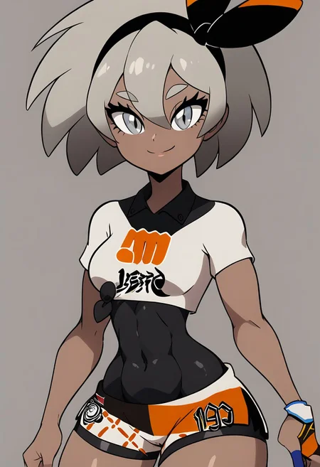 score_9, score_8_up, score_8, medium breasts, (curvy), cute, eyelashes,       
zzbea, grey eyes, grey hair, shirt hair, hair between eyes,   black hairband, dark-skinned female, crop top, print shirt, bodysuit, shorts, single glove,
smile, looking at viewer, 
, zPDXL, p4st3lg0r3