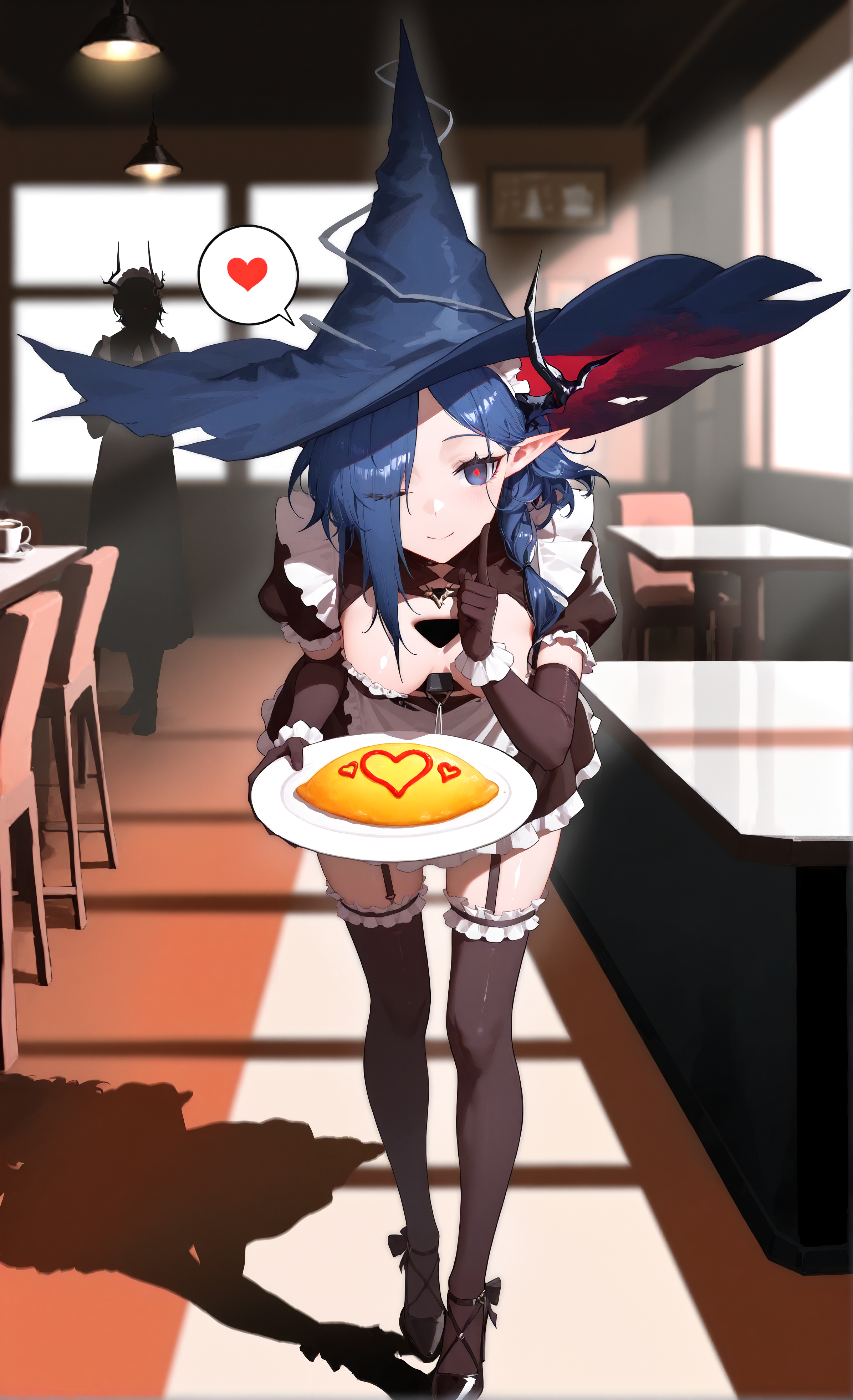 masterpiece, sharp detail, intricate detail, hair shader, detailed hair, 1girl,  <lora:Ermengarde:0.7>, ermengarde \(arknights\), hole in chest, blue hair, blue eyes, red pupils, horns, witch hat, hair over one eye, maid headdress, maid apron, frilled gloves, elbow gloves, frilled thighhighs, high heels, shiny, holding plate, omurice, whispering, index finger raised, wink, spoken heart, cafe, pov across table,  indoors, leaning forward, table, pov, chiaroscuro, volumetric lighting, dramatic shadows, cinematic lighting, detailed background, light and shadow contrast,