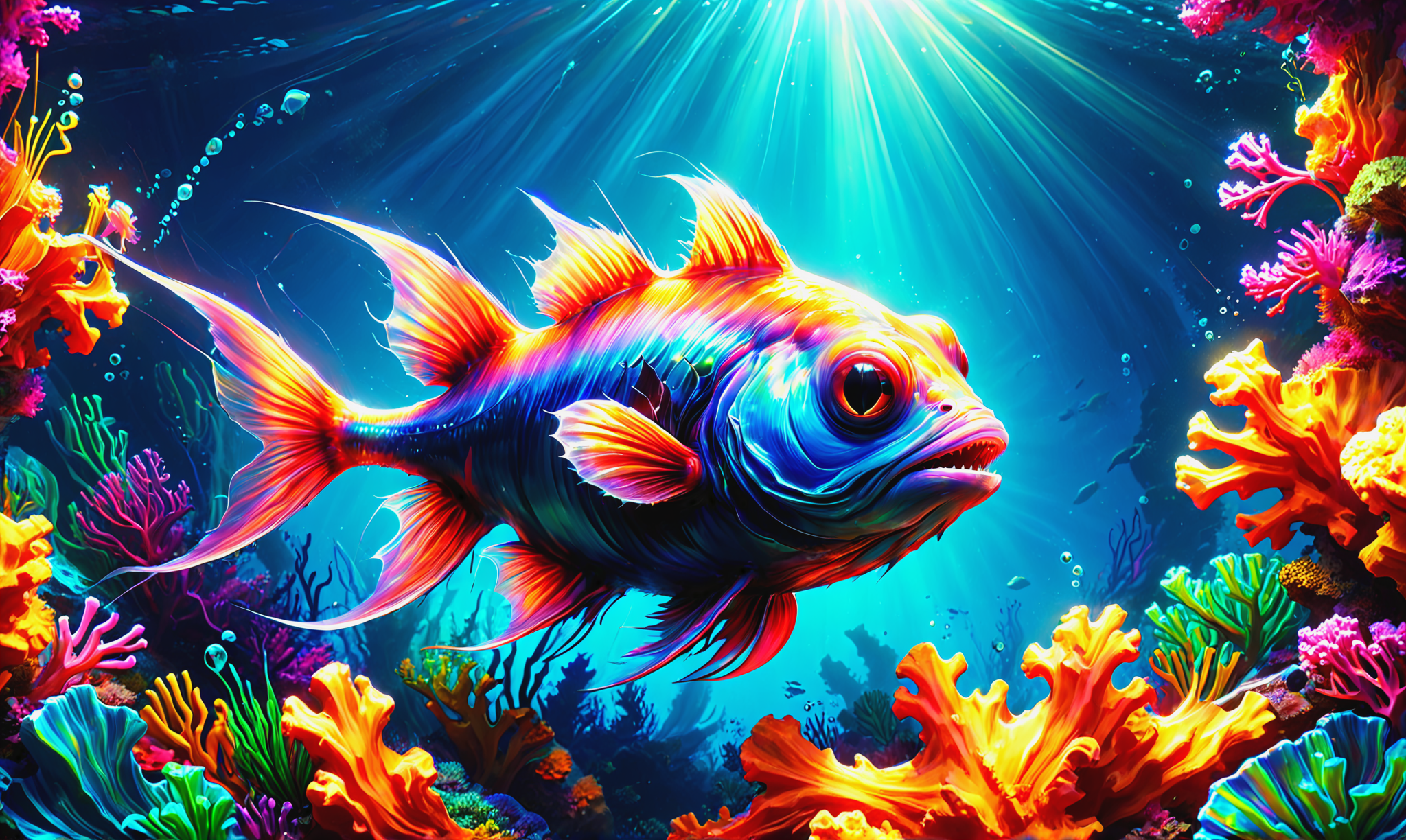 photorealistic, detailed digital illustration of a Razor-toothed anglerfish lurking in shadows at a Colorful coral wall stretching into depths <lora:xl_more_art-full_v1:0.4>, <lora:Rainbow_Style:0.6>, Sunshine rays, <lora:DonMSp3ctr4lXL:0.7> DonMSp3ctr4lXL