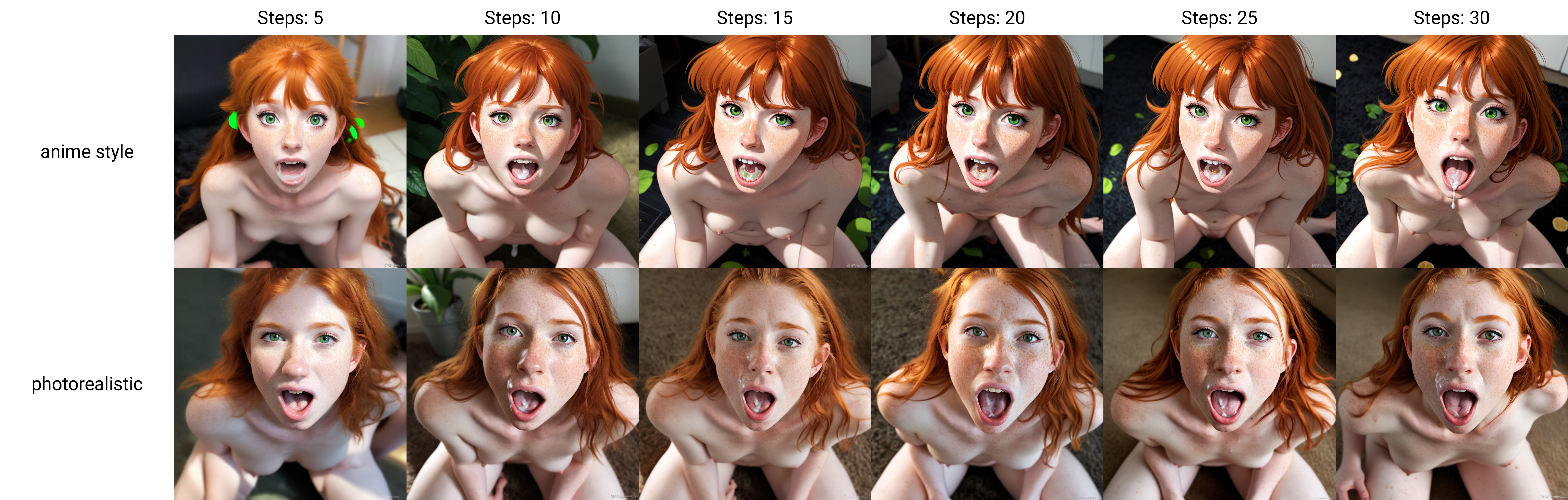 anime style, 20 yo hairy nude ginger woman, kneeling, mouth open, cum in mouth, cum on face, looking at viewer, freckles, green eyes