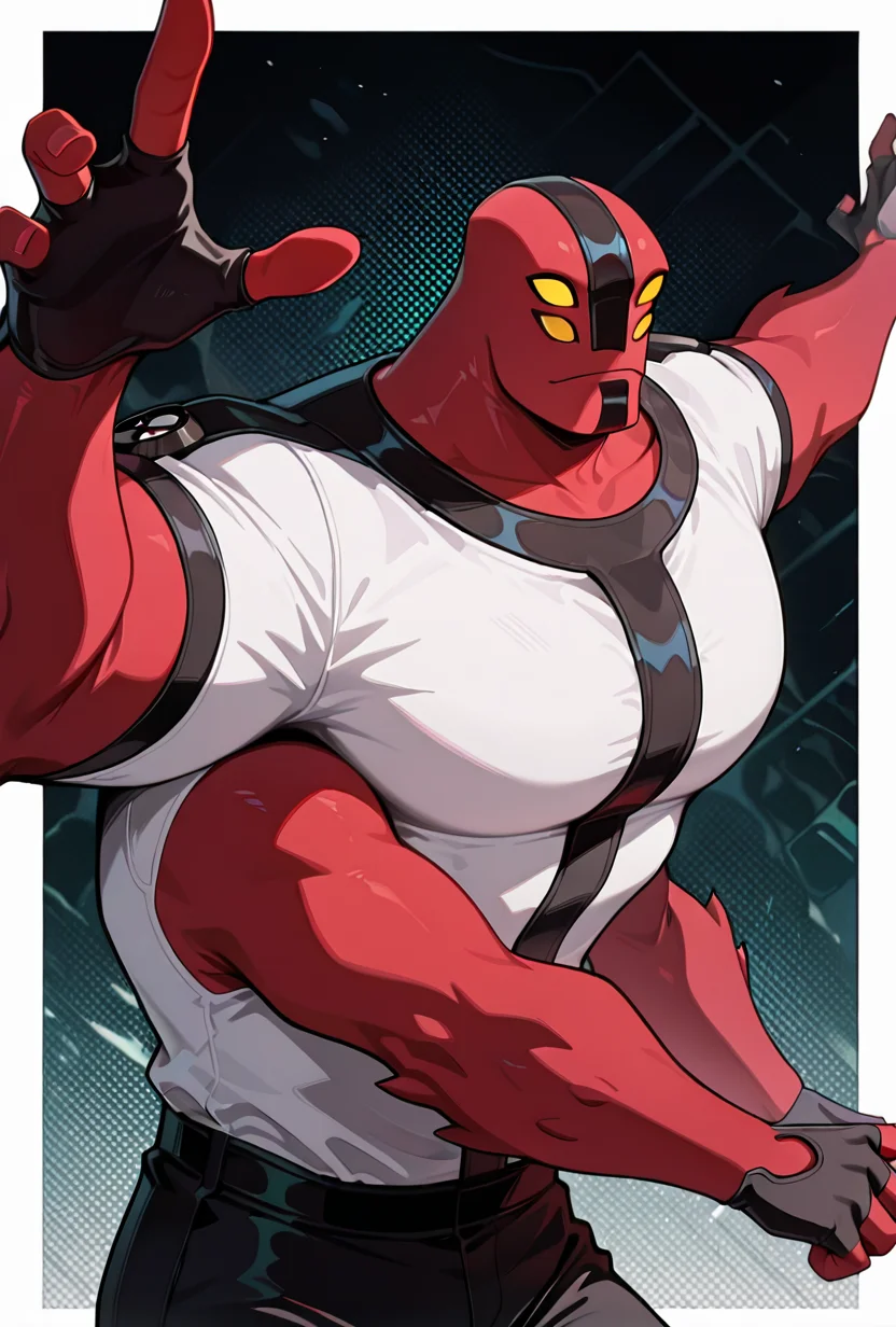 <lora:fourarms-05:1> fourarms, red skin, solo, male focus, yellow sclera, no pupils, 4 eyes, , fingerless gloves, white shirt, black pants, 4 arms , large pectorals, upper body, halftone effect, white borders, abstract background:1.2,, masterpiece, best quality, amazing quality, very aesthetic, absurdres, newest,