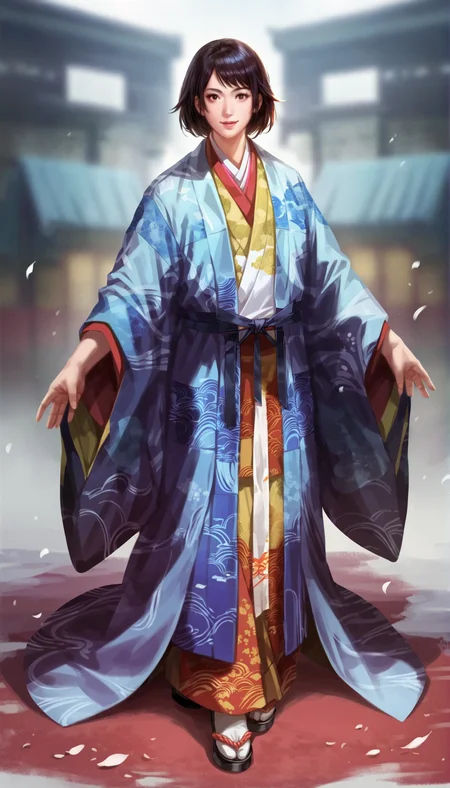score_9,score_8_up,score_7_up,
highly detailed,highres,<lora:naotoraIi>,naotora ii,
1girl,solo,black hair,short hair,bangs,
brown eyes,looking at viewer,smile,parted lips,
kimono,layered blue and orange fabric with yellow accents,intricate patterns,black ribbon,white sash,
full body,
simple background,
blurry background,