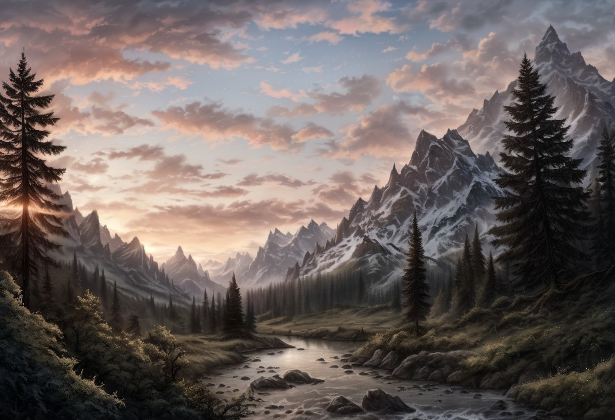 a realistic mountain valley at sunrise, detailed textures, soft natural lighting, atmospheric perspective, realistic clouds and foliage, realistic textures, RAW photo, 8k, uhd, dslr, high quality, realistic photograph, depth of field, skyrim