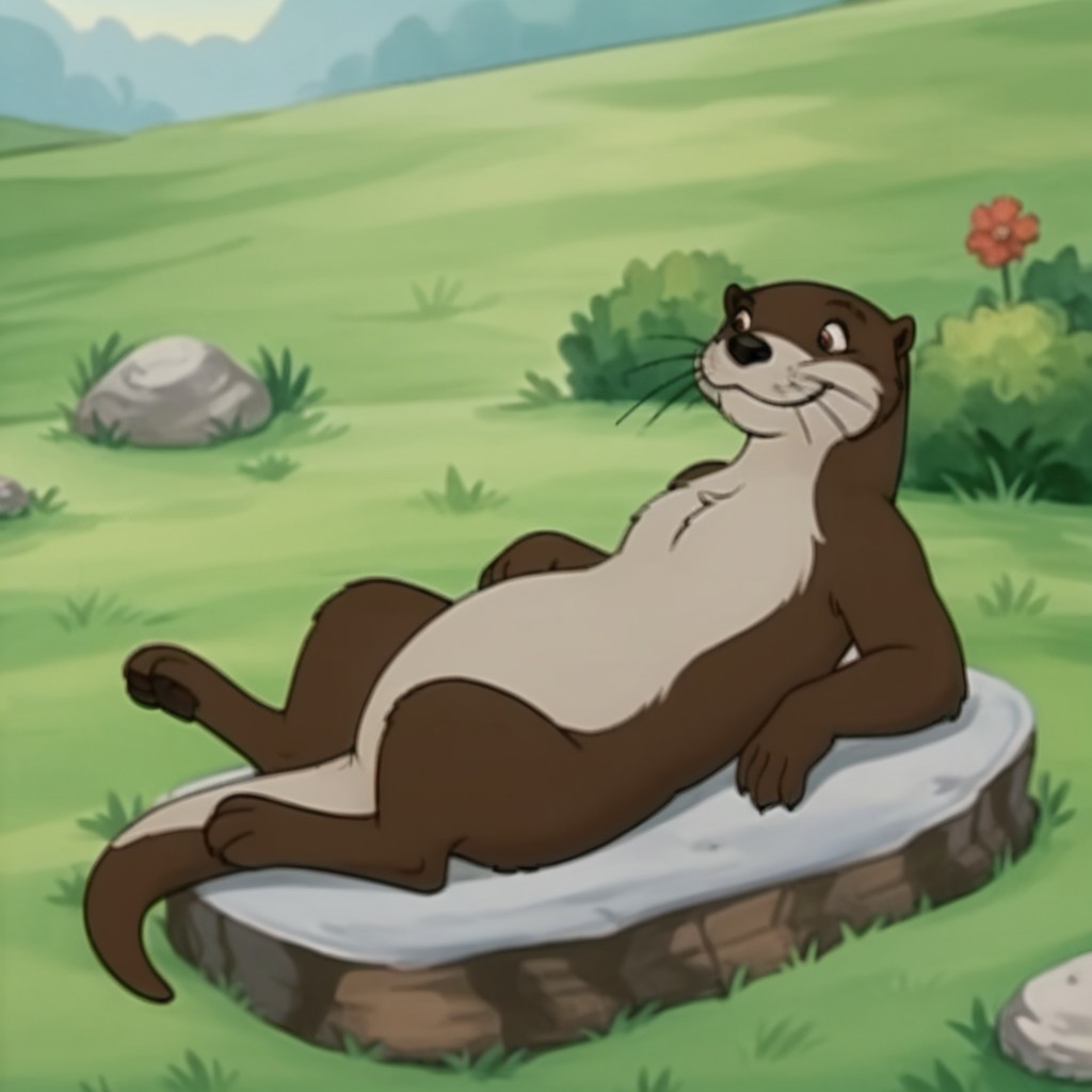 score_9, score_8_up, score_7_up, score_6_up, score_5_up, score_4_up, source_furry, otterfrnkln, semi-anthro, female, otter, brown fur, whiskers, outside, lying, on a rock, in a field,