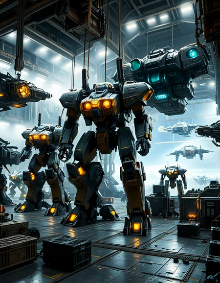 A massive, futuristic spaceship hangar filled with towering battle mechs undergoing maintenance. The hangar is dimly lit, with industrial lighting casting a cold, bluish glow over the metallic surfaces. The high ceiling is lined with steel support beams, catwalks, and suspended cranes used for repairing the massive war machines. The walls are adorned with warning signs, control panels, and illuminated holographic displays providing diagnostic data on the mechs. In the foreground, a colossal mech stands on a heavy-duty platform, its armored plating showing signs of battle damage, with exposed mechanical parts being worked on by robotic arms. The ground is marked with yellow hazard lines and scattered with tools, power cables, and spare parts. Steam rises from various vents, adding to the gritty, industrial feel. In the background, more mechs are stationed in docking bays, with their weapons and mechanical limbs being adjusted by automated repair systems. A large open bay door at the far end reveals the vastness of space, with distant stars and a massive planet visible beyond the hangar. The scene is detailed, immersive, and full of high-tech military sci-fi energy.
<lora:SDXLFaeTastic2400:0.4> <lora:extremely_detailed:0.4> extremely detailed,<lora:mechwarriors_spaceship_h4ng4r:1>,mechwarriors spaceship h4ng4r, Masterpiece,best quality,hi res,8k,hi res,8k,award winning,(sharp focus, intricate, highly detailed),