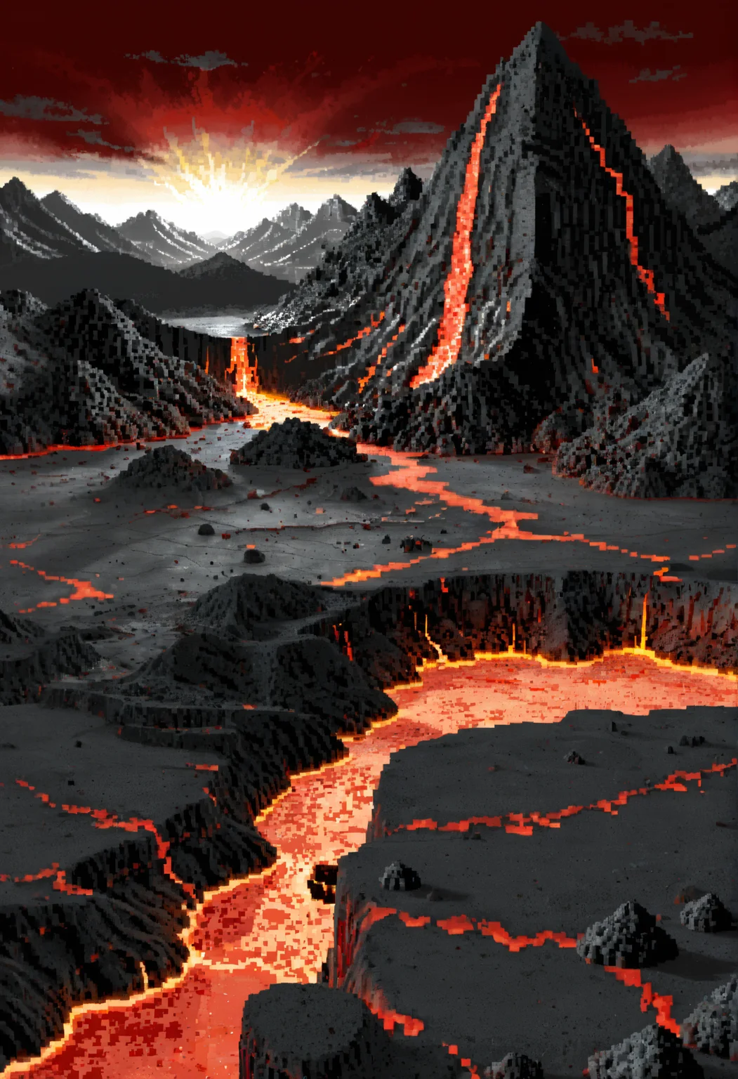 score_9, score_8_up, score_7_up, BREAK,
heroes2, pixel art, landscape, from above, volcanic terrain, dark rocky ground, lava cracks, glowing red lava, volcanic mountains, ash-covered land, red sky, ominous atmosphere, fantasy landscape, volcano, eruption,
, <lora:HoMMv6_S98:0.9>,
