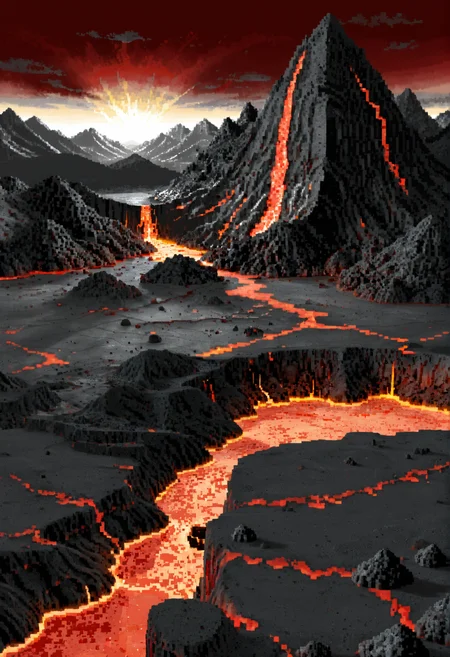 score_9, score_8_up, score_7_up, BREAK,
heroes2, pixel art, landscape, from above, volcanic terrain, dark rocky ground, lava cracks, glowing red lava, volcanic mountains, ash-covered land, red sky, ominous atmosphere, fantasy landscape, volcano, eruption,
, <lora:HoMMv6_S98:0.9>,
