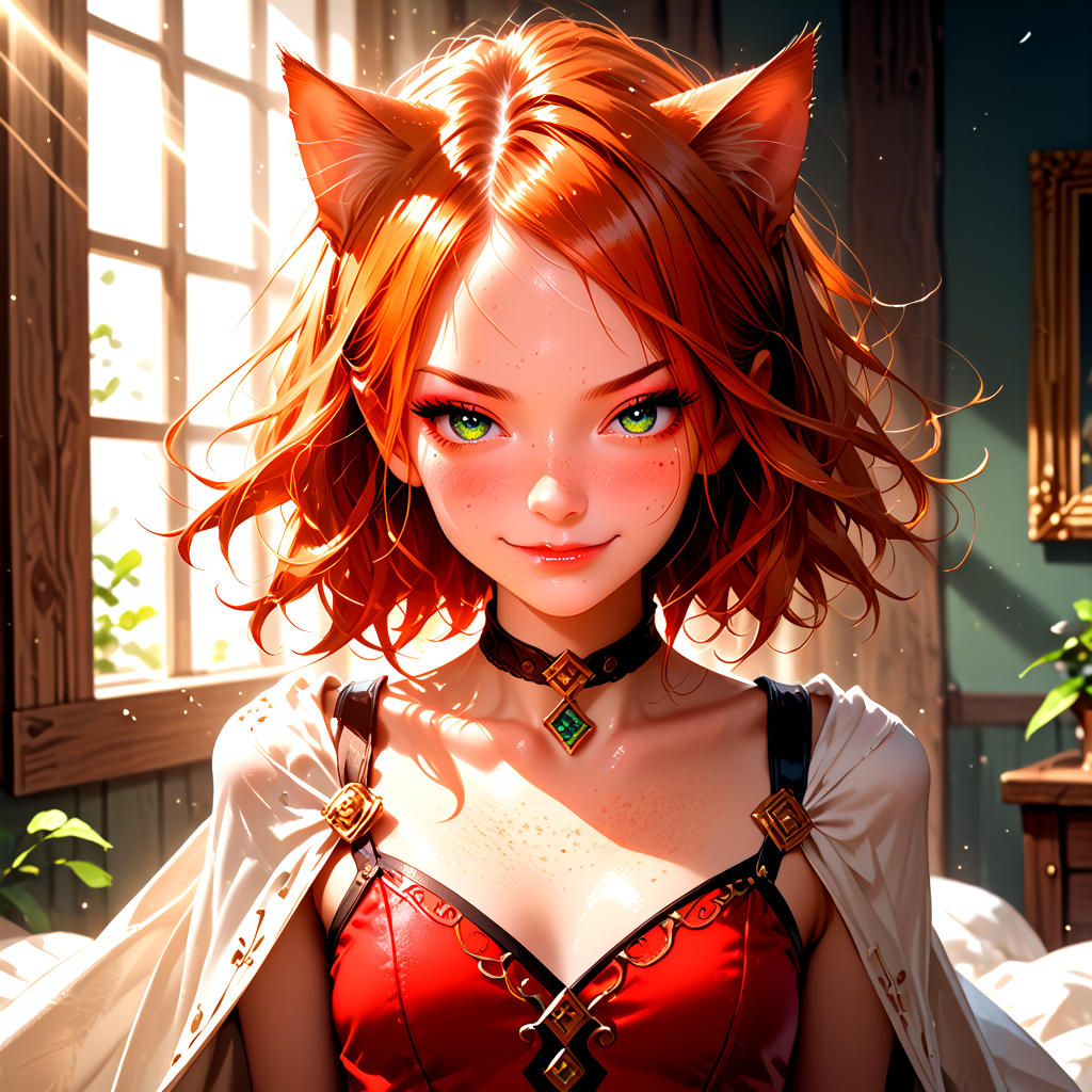 18 years old, 5 ft. tall (165 cm), and weighs 100 lbs. <lora:K1ttenPonyv2:0.6>, Kitten is a woman with long wind ginger hair pulled up, sparkling green eyes, freckles, and many body freckles. She also has ginger cat ears and tail. In her default Magician class, Kitten's outfit consists of a thin leotard with a wrap-around garment at the waist that forms a cape, along with a choker, gloves, and boots. She has a closed mouth smirk, a single fang and half-lidded eyes, 
1 girl, cute, (petite), sultry look, seductive, looking at viewer, 
(closeup:0.8), 
<lora:MythP0rtr4itStyle:0.4> mythp0rt, 
PonyScores7, 
glistening shiny skin, sexy,
naughty, (cleft of Venus:0.4),
epic beautiful lighting, god rays, light beams, volumetric lighting, rim lighting,
masterpiece, beautiful and detailed brightness, (goosebumps:0.5), subsurface scattering, ultra realistic, textured skin, visible skin detail, skin fuzz, cute, <lora:FaeStyle:0.8>