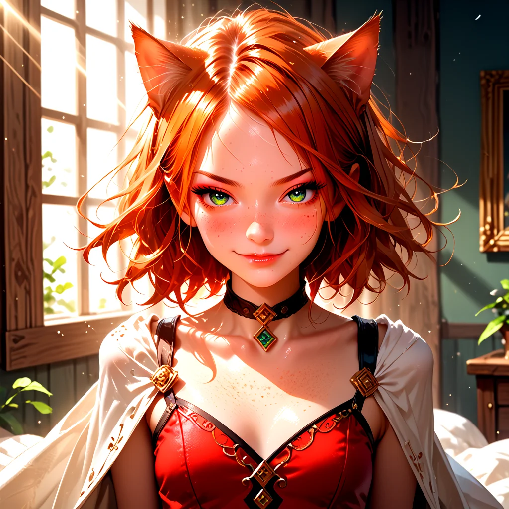 18 years old, 5 ft. tall (165 cm), and weighs 100 lbs. <lora:K1ttenPonyv2:0.6>, Kitten is a woman with long wind ginger hair pulled up, sparkling green eyes, freckles, and many body freckles. She also has ginger cat ears and tail. In her default Magician class, Kitten's outfit consists of a thin leotard with a wrap-around garment at the waist that forms a cape, along with a choker, gloves, and boots. She has a closed mouth smirk, a single fang and half-lidded eyes,
1 girl, cute, (petite), sultry look, seductive, looking at viewer,
(closeup:0.8),
<lora:MythP0rtr4itStyle:0.4> mythp0rt,
PonyScores7,
glistening shiny skin, sexy,
naughty, (cleft of Venus:0.4),
epic beautiful lighting, god rays, light beams, volumetric lighting, rim lighting,
masterpiece, beautiful and detailed brightness, (goosebumps:0.5), subsurface scattering, ultra realistic, textured skin, visible skin detail, skin fuzz, cute, <lora:FaeStyle:0.8>