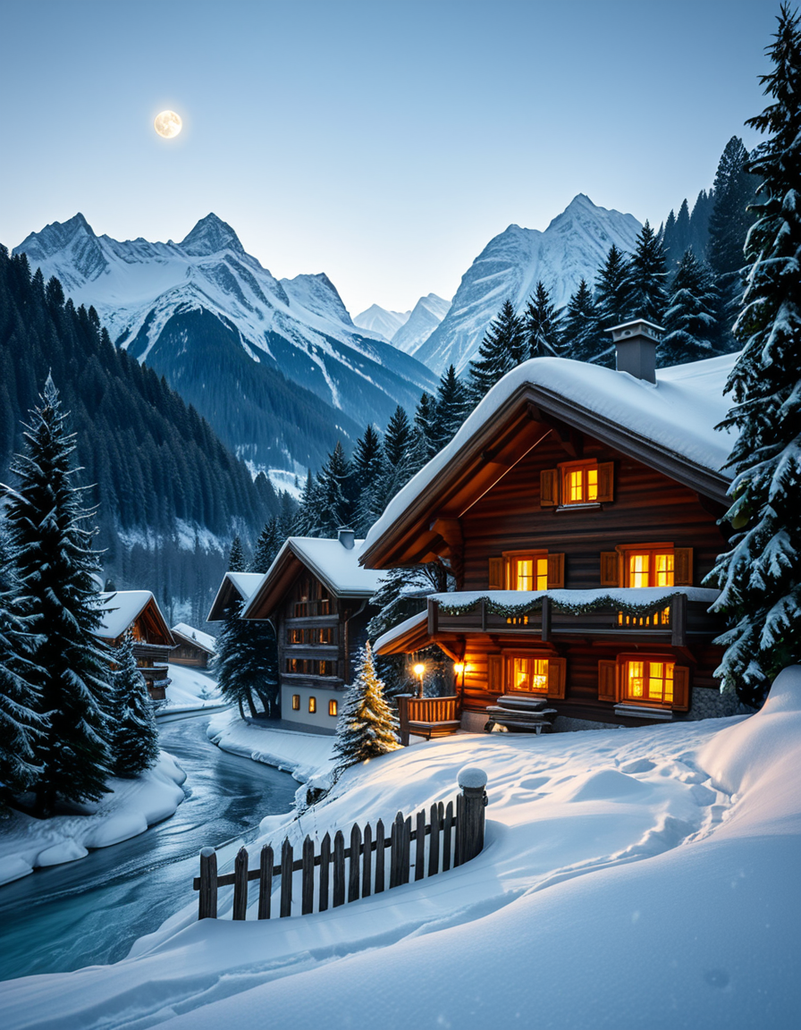 A stunning winter scene in the Tyrol region of Austria. A charming wooden chalet with traditional alpine architecture stands on a gentle snow-covered slope, surrounded by dense evergreen forests blanketed in fresh snow. The chaletâs warm interior lights glow softly through its large windows, creating a cozy contrast against the cool twilight hues of the sky. A plume of smoke drifts from the chimney, hinting at a roaring fireplace inside. In the foreground, a small wooden fence is partially buried under the snow, while a frozen river winds through the valley, reflecting the moonlight. Towering, snow-capped peaks of the Austrian Alps dominate the background, adding a breathtaking sense of grandeur. Snowflakes gently fall, adding movement and depth to the peaceful, picturesque scene. The image is hyper-realistic, capturing the intricate textures of the wood, snow, and ice, with cinematic lighting that highlights the magical winter ambiance.
<lora:SDXLFaeTastic2400:0.4> <lora:extremely_detailed:0.4> extremely detailed,<lora:winter_scene_in_the_Tyr0l:1>,winter scene in the Tyr0l, Masterpiece,best quality,hi res,8k,hi res,8k,award winning,(sharp focus, intricate, highly detailed),