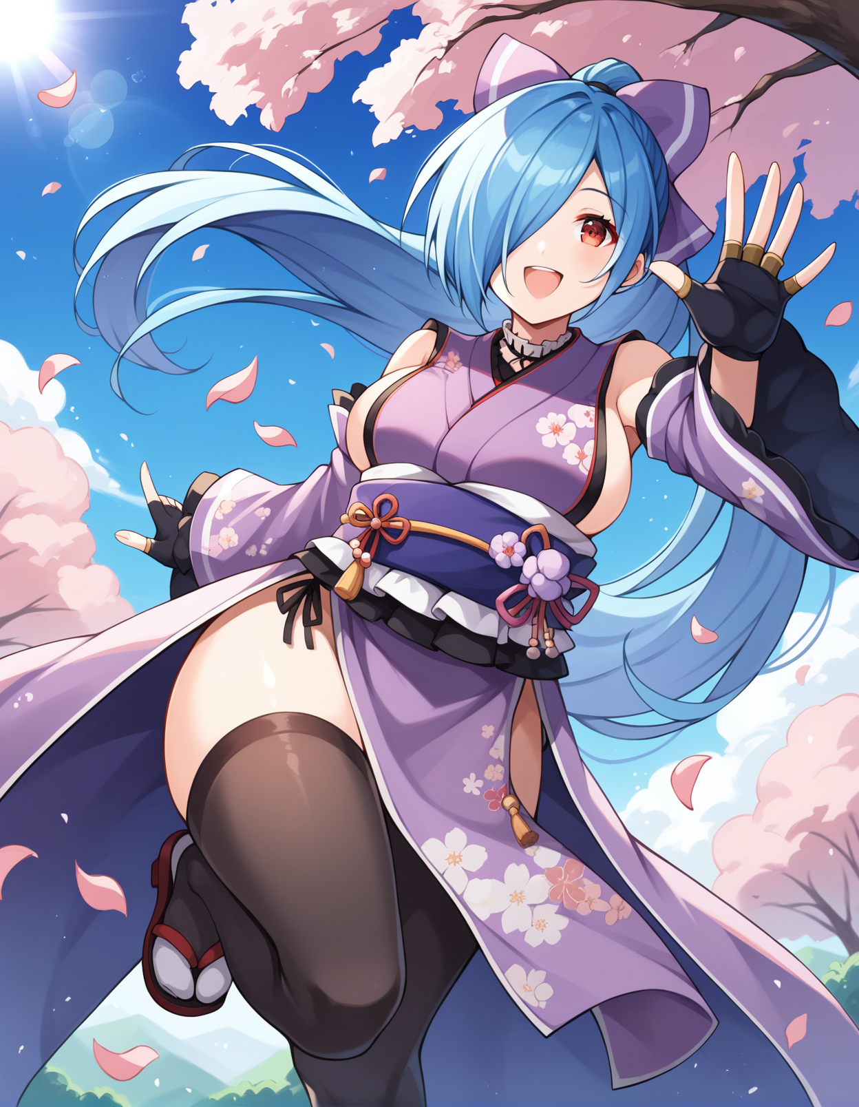 score_9, score_8_up, score_7_up, score_6_up, score_5_up, score_4_up, source_anime, rating_safe, BREAK <lora:IoriXL_LoRA-C3Lier_AdamW_Dim16_Alpha16_UN-3e-4_TE-1.5e-4_10batch_ponyDiffusionV6XL_v6StartWithThisOne:1>, yamato iori, 1girl, blue hair, hair over one eye, long hair, ponytail, red eyes, virtual youtuber, large breasts, hair bow, purple bow, sleeveless kimono, floral print, purple kimono, frilled choker, detached sleeves, fingerless gloves, obi, sash, white frills, pelvic curtain, black thighhighs, dutch angle, floating hair, floating, jumping, wind, smile, happy, reaching towards viewer, waving, falling petals, cherry blossoms, blue sky, cloud, sunlight, lens flare