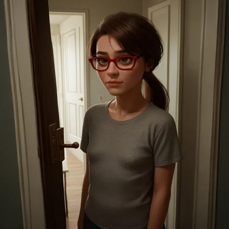 score_9, score_8_up, score_7_up, score_6_up, score_5_up, score_4_up, 1girl, Ji_llA, red framed eyewear, ponytail, portrait, small saggy breasts, older woman, leaning against a doorway, sexy pose, seductive eyes