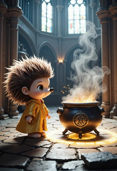 cinematic film still cinematic film still Adorable small chibi hedgehog wizard in a golden robe, standing next to a magical cauldron. Gothic cathedral interior, stone floor ((((with a glowing magical circle symbol on the floor )))). Cauldron emitting mystical smoke. Warm illumination, stained glass windows in background. Photorealistic textures, focusing on hedgehog's spines and fabric details. Magical sparks and particles floating in the air. Cinematic lighting, shallow depth of field. Ultra-high resolution, 8K detail. Style: Fantasy realism,, cinematic, colorful background, concept art, 8k, dramatic lighting, high detail, highly detailed, hyper realistic, intricate, intricate sharp details, octane render, smooth, studio lighting, trending on artstation., cinematic photorealistic, 8k uhd natural lighting, raw, rich, intricate details, key visual, atmospheric lighting, 35mm photograph, film, bokeh, professional, 4k, highly detailed . shallow depth of field, vignette, highly detailed, high budget, bokeh, cinemascope, moody, epic, gorgeous, film grain, grainy . shallow depth of field, vignette, highly detailed, high budget, bokeh, cinemascope, moody, epic, gorgeous, film grain, grainy