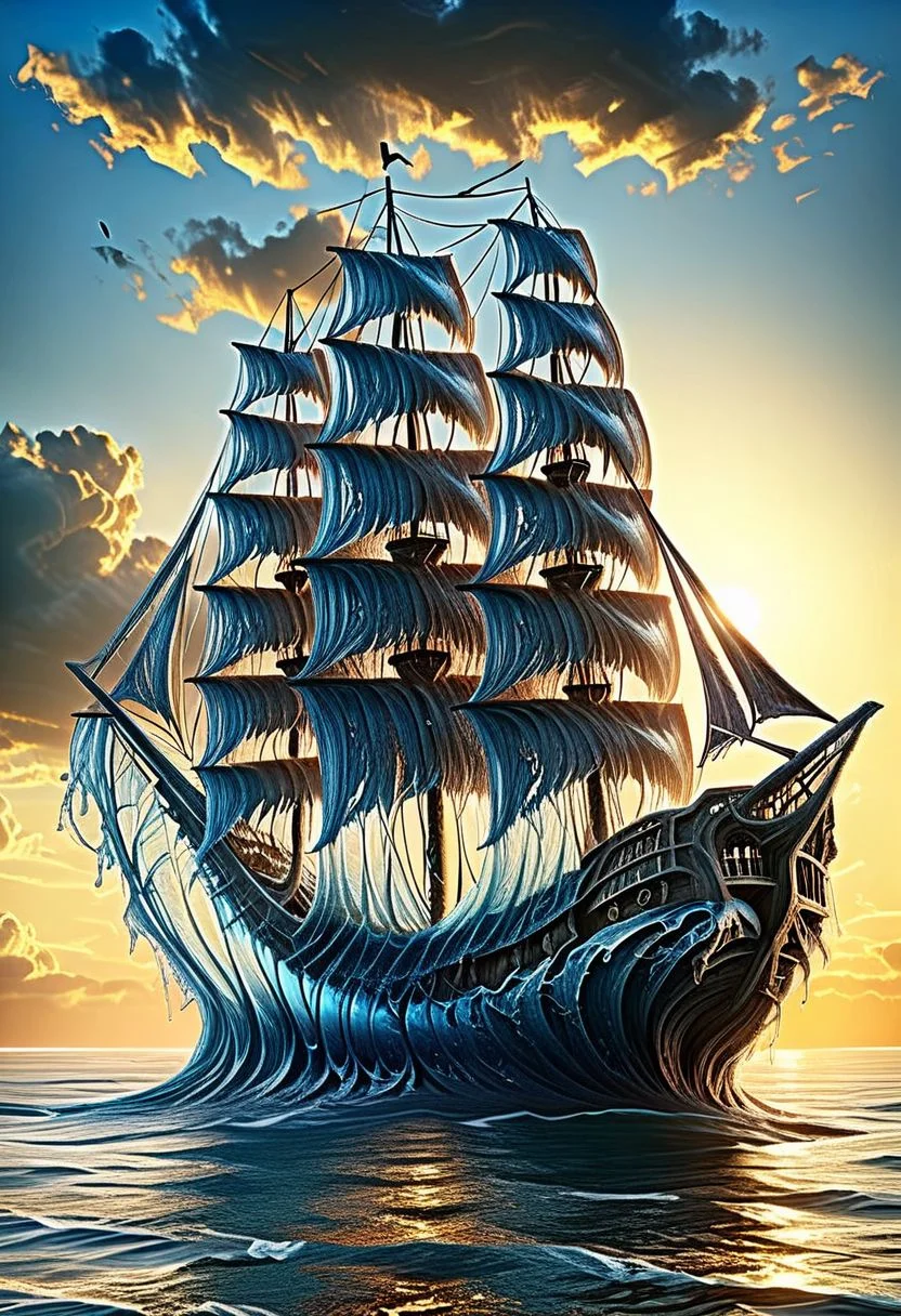 UHD, masterpiece, high quality, extremely details, intricate details, sharp focus, realistic, OverallDetailXL, sss
a pirate ship made of ((water)) ,((ais-wvs)) ,sun sunlight, sunray ,sunset
