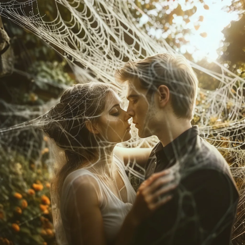 spiderweb close up lovers in a garden, entwined in a spider's web, cinematic, photorealistic very detailed, professional photo <lora:spiderweb:1>