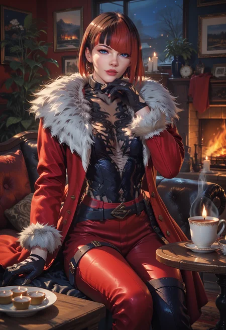 (score_9, score_8_up), score_7_up, <lora:PonyAnn4W:1> Ann4W, 1girl, fur coat, pants, belt, gloves, sitting, cup of tea, hot tea, posing, looking at viewer, living room, fireplace, fire, night, candle-lit, sultry look