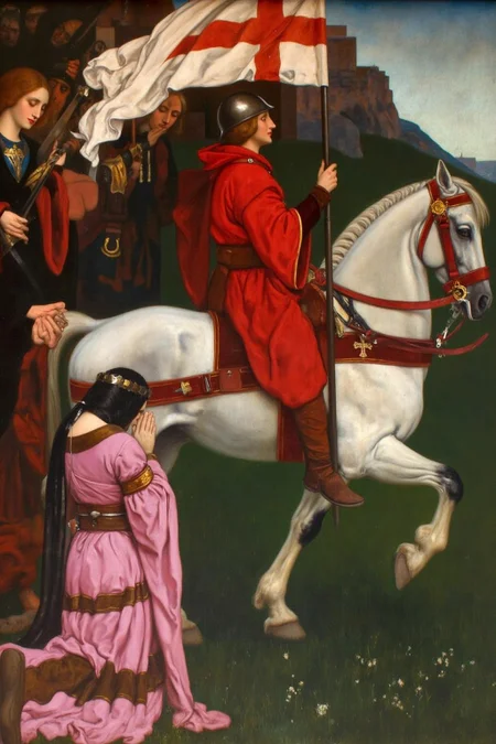 edwinabbey1 painting.
A medieval scene with a knight in a red tunic and surcoat riding a white horse. The knight has a red hooded cape, a white surcoat with gold trim, a sword, and a helmet with a visor. The horse is shown mid-gallop with its mane and tail flowing. He is carrying a flag. On the left is a woman kneeling on the groud, praying with her back to the viewer. <lora:edwinabbey1_cap_d6a3:1.0><lora:837010880559577612:0>