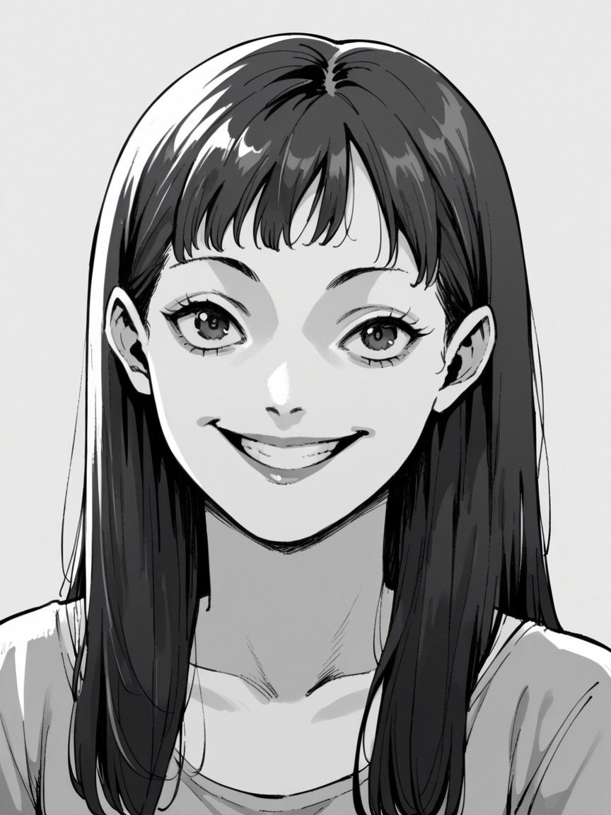 score_9, score_8_up, score_7_up, score_6_up,  <lora:junj11t0XLP:1> junj11t0, junji ito, monochrome, manga, 1girl, smile