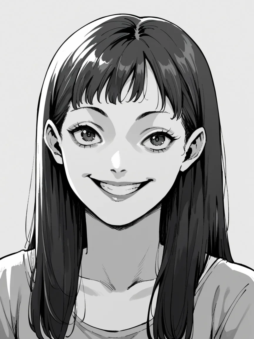 score_9, score_8_up, score_7_up, score_6_up, <lora:junj11t0XLP:1> junj11t0, junji ito, monochrome, manga, 1girl, smile