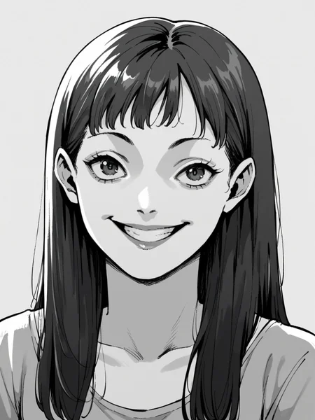 score_9, score_8_up, score_7_up, score_6_up, <lora:junj11t0XLP:1> junj11t0, junji ito, monochrome, manga, 1girl, smile