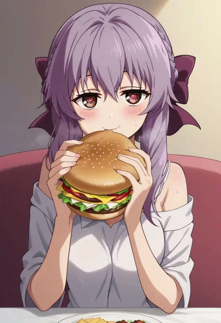 sitting on seat, upper body,
eating gurger, holdinf burger, dokaguiburger
rating explicit,
BREAK
score_9,anime screencap, masterpiece, ambient lighting,
1girl,solo,shinoa hiragi,long hair,braid,
head tilt, looking at viewer, half-closed eyes, smile, blush,
sweating, steam, hearts, heart eyes,
BREAK
masterpiece, ambient lighting,
medium breasts, round breasts,
pink off-shoulder shirt,
table