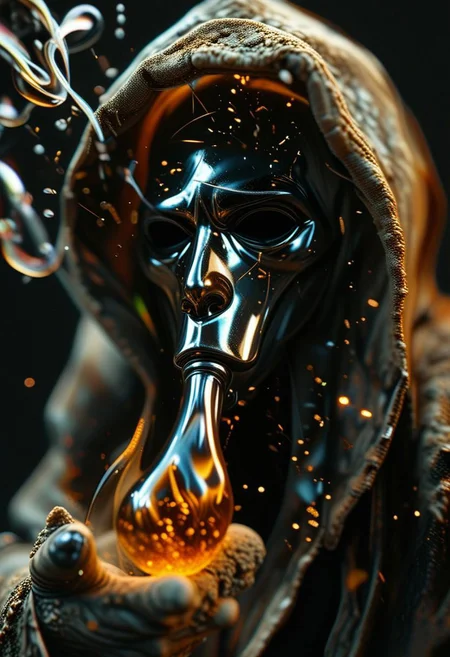 highly detailed, intricate design, darkroom, artist studio, figure in black hooded robe, ((moire pattern), white shroud mask), low angle, medium shot, fluted glass, glass blowing, molted glass, lava texture, sand particles, multiple exposure, chiaroscuro lighting, dynamic angle, ,chemigram, flux-style, light and shadow by reij-shdwgms