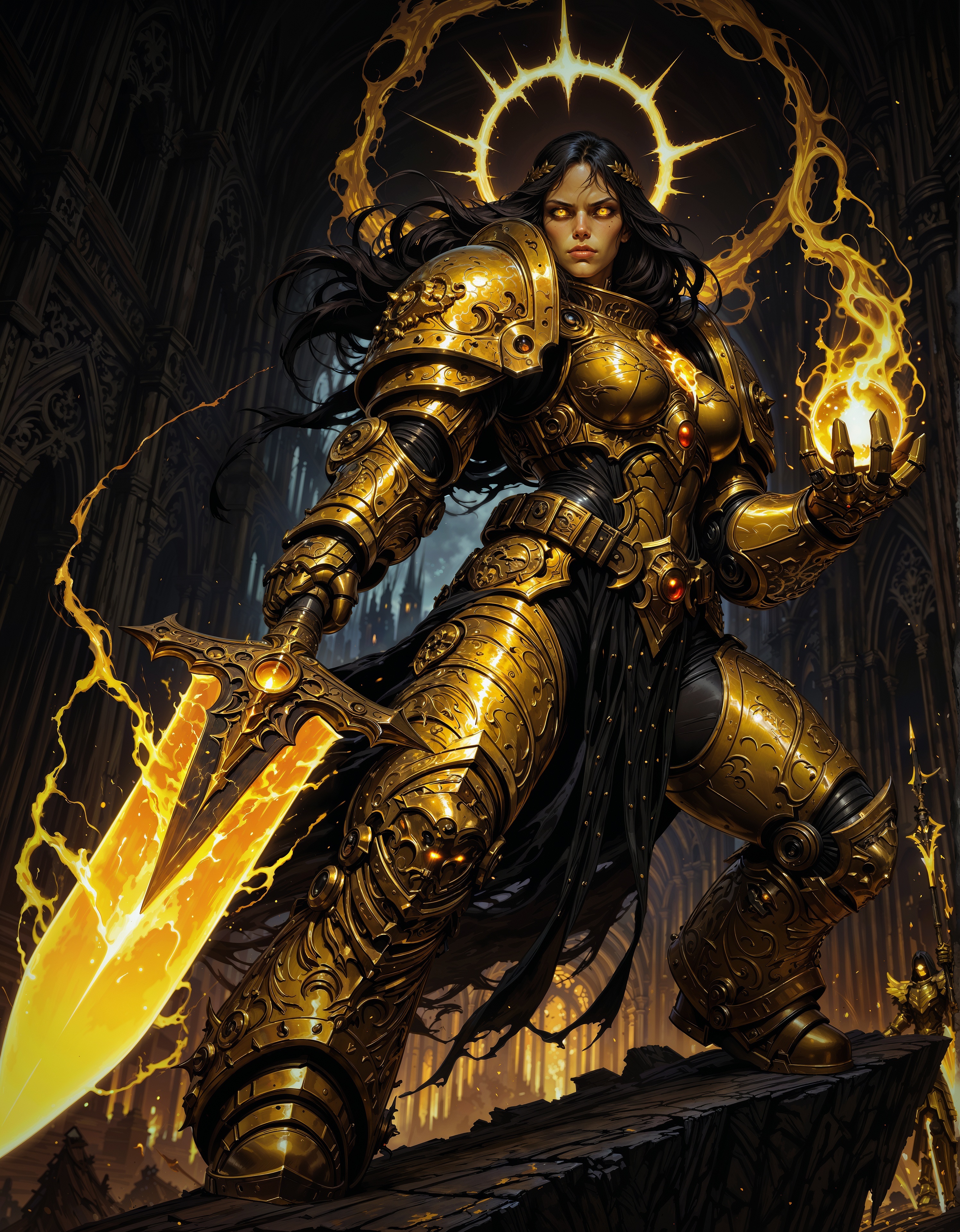 masterpiece, best quality,high quality, newest, highres,8K,HDR,absurdres, dynamic angle, realistic, 1girl, iLLEmperor40k, power armor, golden armor, long hair, dark hair, weapon, glowing eyes, dark fantasy, holding spear, floating, ethereal aura, armored gauntlets, golden ornaments, looking at viewer, battle stance, supernatural energy, shadowy background, gothic architecture, dynamic pose, dramatic lighting, detailed background, depth of field, dynamic composition, foreshortening, detailed background, dynamic pose, dynamic composition,dutch angle, detailed backgroud,foreshortening,blurry edges
<lora:iLLEmperor40k:1>  <lora:iLLMythM4gicalL1nes:0.8> M4gicalL1nes