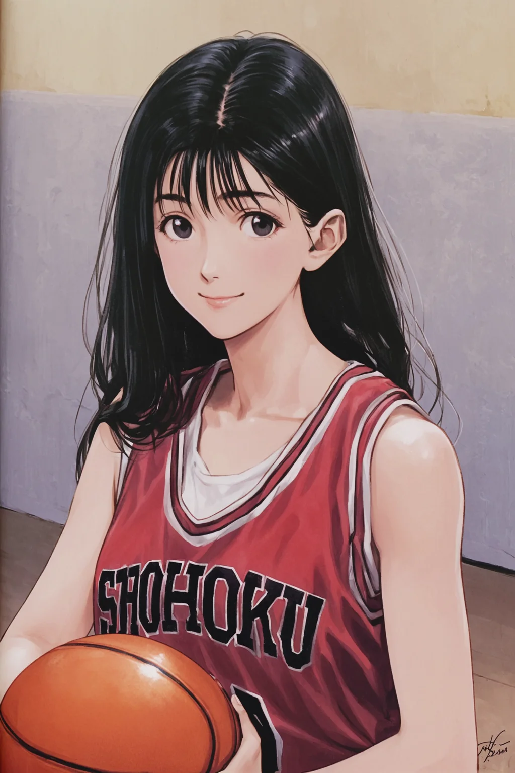 Haruko Akagi,1girl,basketball,solo,basketball uniform,holding,smile,long hair,looking at viewer,holding ball,black hair,signature,black eyes,ball,<lora:Inoue Takehiko_XL:0.8>,