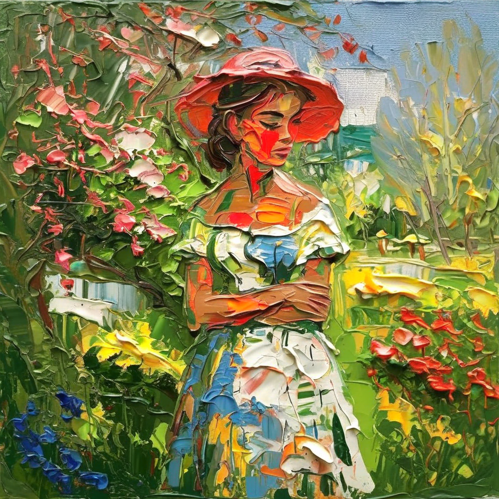 impasto girl  in garden<lora:impasto:1>