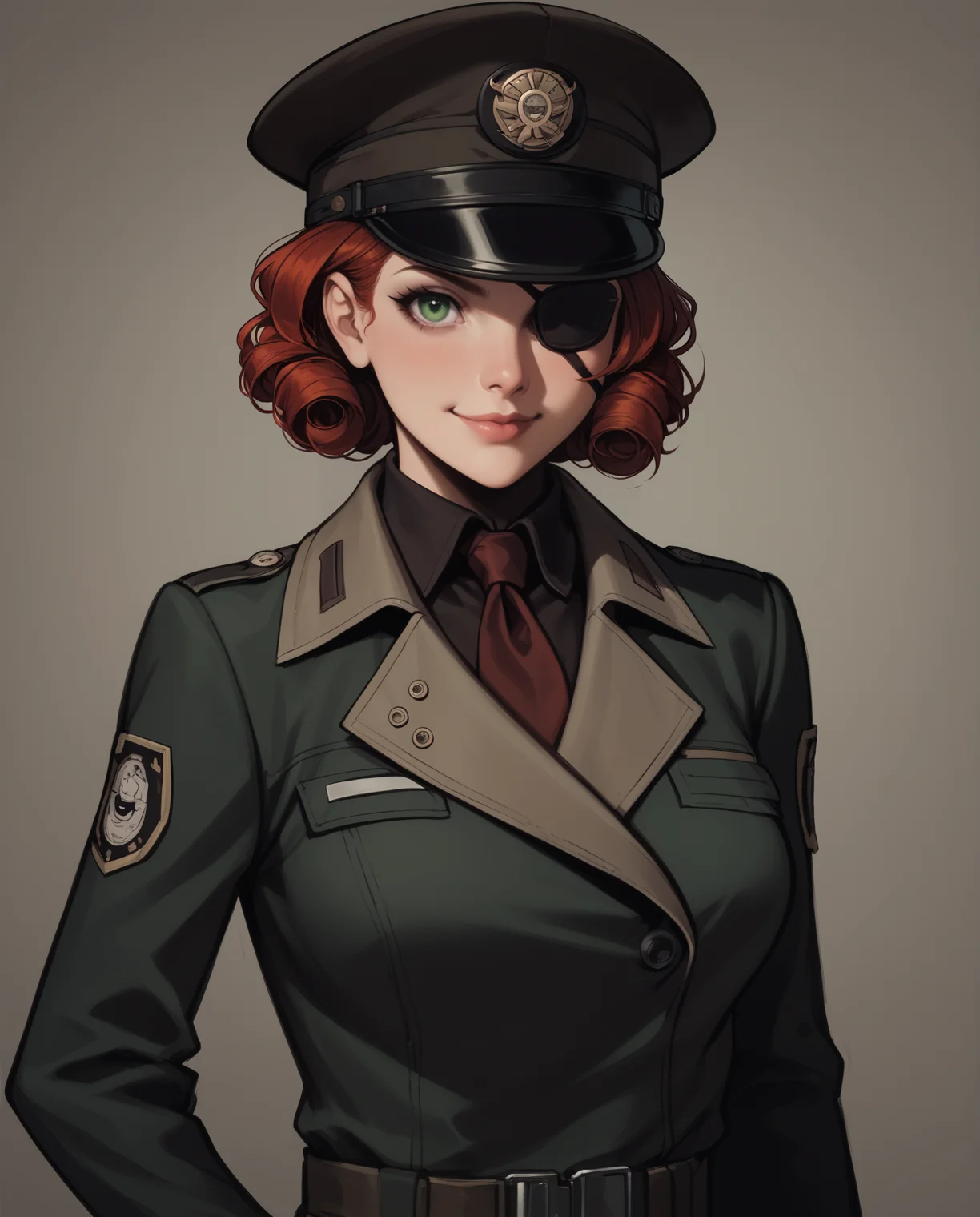 score_9, score_8_up, score_7_up, source_anime BREAK (1girl),cowboy shot, red hair, curly hair,sinister smile, hat, cap, peaked cap,eyepatch,holding gun, green eyes, upper body, detailed eyes,<lora:Galactic:0.7> enclaveuni,wearing uniform, in dark bunker,dark room, cinematic lighting, <lora:Fallout_-_Enclave_Officer_Uniform:0.7>