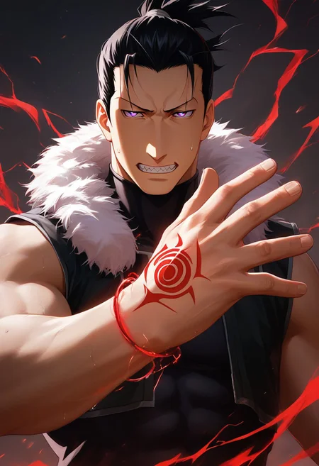 score_9, score_8_up, score_7_up, score_6_up, perfect anatomy, perfect proportions, best quality, masterpiece, high_resolution, high quality, aesthetic, absurdres, (male focus), solo male, source_anime, anime coloring, Greed, GreedFMAPony, black hair, short hair, purple eyes, (sanpaku, small pupils, thin eyebrows:1.5), sleeveless, black turtleneck undershirt, black vest, white fur trim, black pants, adult, mature, masculine, manly, handsome, charming, alluring, standing, portrait, headshot, close-up, from front, dutch angle, dark background, dark atmosphere, look at viewer, (one arm raised over face, show arm), sleeves rolled up, BREAK ouroboros homunculus red hand tattoo \(Fullmetal Alchemist\), glow tattoo, red lightning, red glow, electrokinesis, command spell, perfect lighting, cinematic, dynamic angle, sweat drop, fighting stance, serious, angry, mad, smirk, sharp teeth