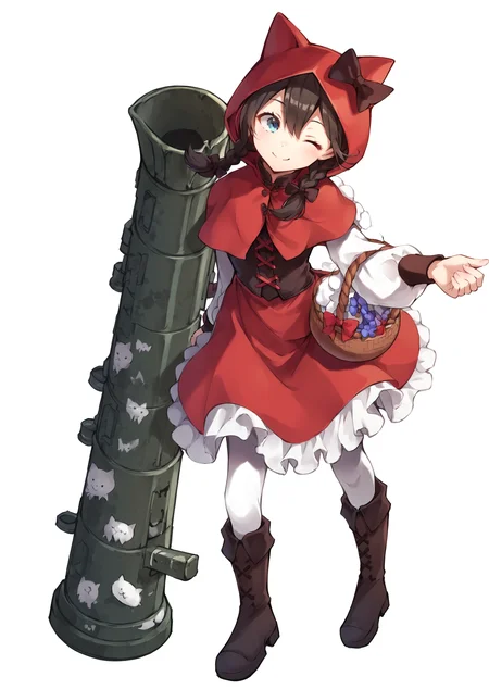 core_9, score_8_up, score_7_up, score_6_up, score_5_up, score_4_up, <lora:Codename_Red_Riding_Mina_-_The_Battle_Cats:1> cnrrmina, 1girl, solo, smile, blue eyes, simple background, black hair, white background, dress, weapon, braid, boots, one eye closed, hood, twin braids, basket, rocket launcher, little red riding hood (grimm), BREAK source_anime