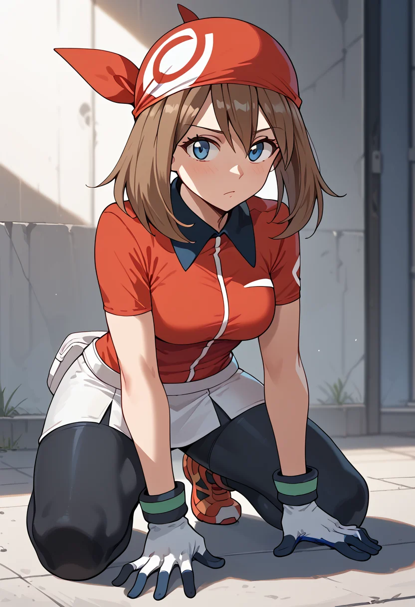 Kneeling with one knee up, <lora:MayRSEPony-10:1> May_RS, brown hair, long hair, hair between eyes, medium hair, blue eyes, bandana, red bandana, shirt, red shirt, multicolored shirt, collared shirt, short sleeves, gloves, white gloves, microskirt, skirt, white skirt, shorts, bike shorts, black shorts,, score_9, score_8_up, score_7_up, score_6_up, score_5_up, score_4_up,
