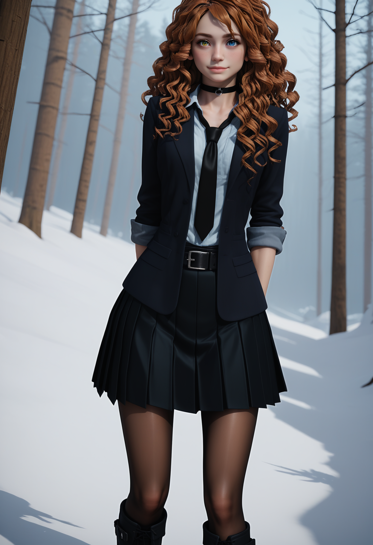 score_9, score_8_up, score_7_up,
outdoors, nature, forest, snow, winter,
1girl, solo, d4rkn0v4, curly hair, heterochromia,
black jacket, blazer, sleeves rolled up, collared shirt, o-ring choker, loose necktie, black belt, belt buckle, pleated skirt, black gloves, black pantyhose, knee boots,
walking, arm behind back, hand on own hip,
blush, light smile,
sideways glance,
very wide shot, dutch angle, depth of field,
<lora:Dark_Nova_Pony_v08:0.7>