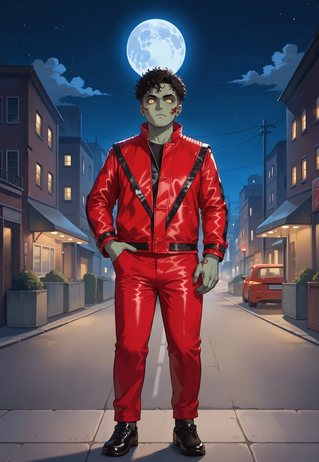 score_9, score_8_up, score_7_up, source_anime, upper body, BREAK 1man, solo, zombie, black curly short hair, yellow wolf eyes, leather jacket, red jacket, red pants, black oxfords, black footwear, shoes, thr1llerz, outdoors, in the street, night, dark theme, city in the background, full moon in sky,